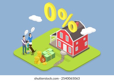 3D Isometric Flat Vector Illustration of Home Loan, Zero Percent Refinancing