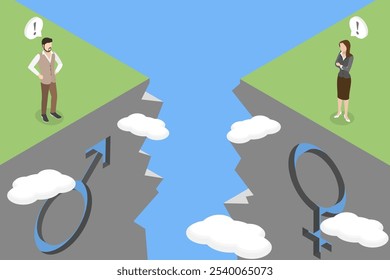 Ilustração de vetor plana isométrica 3D da diferença de gênero, discriminação de gênero da força de trabalho
