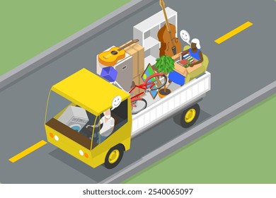 3D Isometric Flat Vector Illustration of Moving Eldery Couple, Downsizing