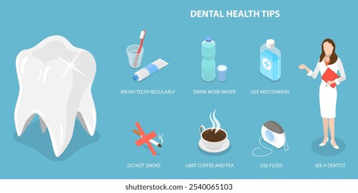 Ilustração de vetor plano isométrico 3D de dicas de saúde dentária, cuidados orais e higiene