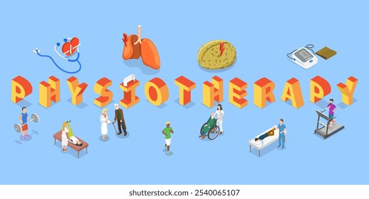 Ilustração de vetor plano isométrico 3D de fisioterapia, cuidados de saúde e reabilitação