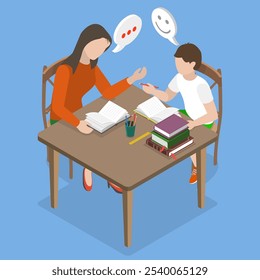 3D Isometric Flat Vector Illustration of Education And Learning, Mother And Child Happily Doing Homework Together At Home.