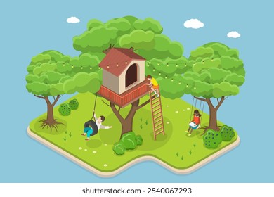 3D Isometric Flat Vector Illustration of House On Tree, Children Playing In Treehouse In Backyard Garden