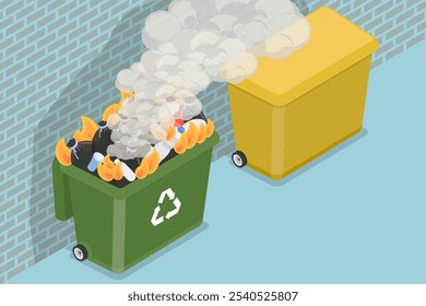 3D Isometric Flat Vector Illustration of Burning Garbage, Fire in a Trash Can