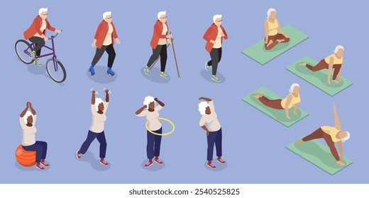 Ilustração de vetor plano 3D isométrica de idosos vários exercícios, idosos ativos que se envolvem em alongamento, cardio, Yoga, pilates