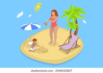 3D Isometric Flat Vector Illustration of Rest On Vacation, Young Woman Relaxing Seaside