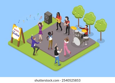 3D Isometric Flat Vector Illustration of Entertainment Event, Singing and Dance Party With Friends