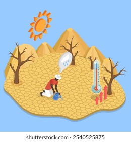 3D Isometric Flat Vector Illustration of Drought, Extreme Wzeather Conditions, Lack of Rainfall