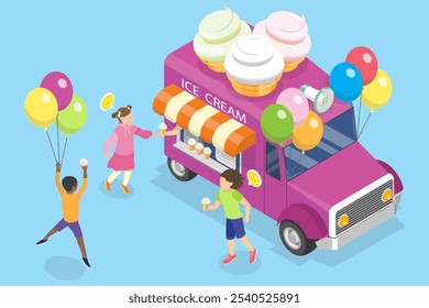 3D Isometric Flat Vector Illustration of Ice Cream Truck, Takeaway Cafe