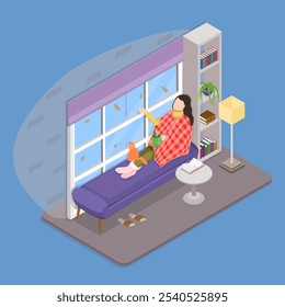 3D Isometric Flat Vector Illustration of Moments Of Relaxation, Woman Creates A Cozy Autumn Atmosphere By Sipping Tea And Relaxing Comfortably At Home