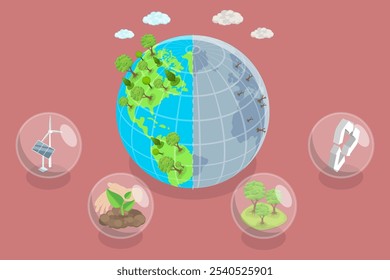 3D Isometric Flat Vector Illustration of Earth Protection and Conservation, Cooperation to Save Planet