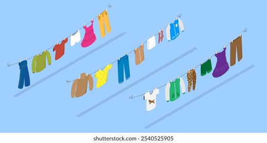 3D Isometric Flat Vector Illustration of Clothes Ropes, Drying Accessories after Washing