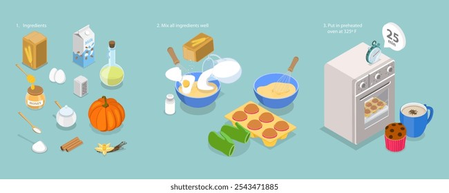 3D Isometric Flat Vector Illustration of Pumpkin Muffins Recipe, Delicious Baked Treat