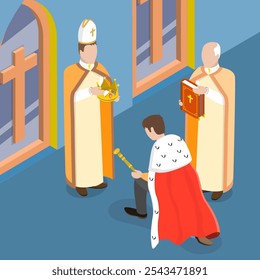 3D Isometric Flat Vector Illustration of Coronation Ceremony, Royal Character Kneeling At Ceremony, Crowned By Bishop