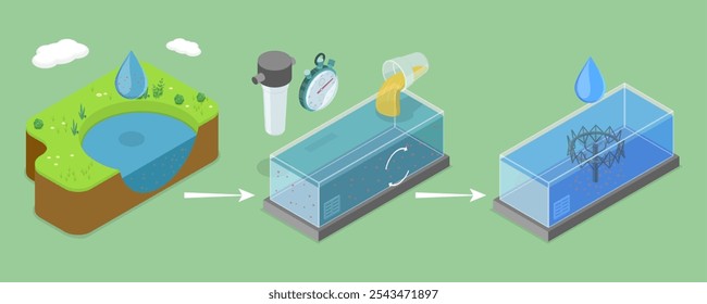 Ilustração de vetor plano isométrica 3D do tratamento de água, método de coagulação de esgoto para pureza melhorada