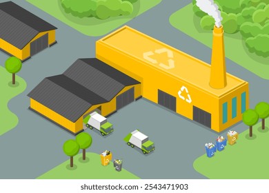 Ilustración vectorial plana isométrica 3D de instalaciones de gestión de residuos, procesamiento y eliminación de basura