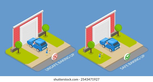 3D Isometric Flat Vector Illustration of Car Back Driving Safity, Tips And Rules for Drivers