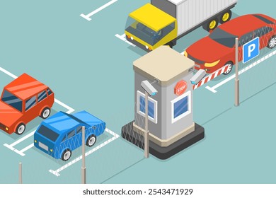 Ilustração de vetor plano 3D isométrica de estacionamento protegido pago, zona de estacionamento com sistema de pagamento