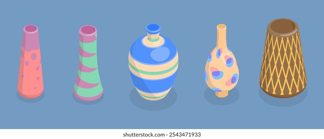 3D Isometric Flat Vector Illustration of Pottery, Elegant Ceramic Vases For Decoration