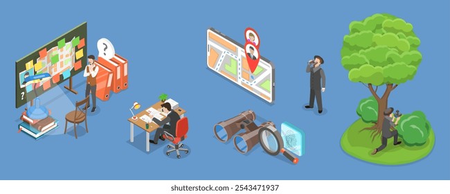 3D Isometric Flat Vector Illustration of Private Investigating, Crime-Solving Adventures