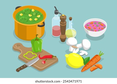 3D Isometric Flat Vector Illustration of Delicious Vegetarian Soup, Cooking at Home