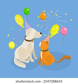 3D Isometric Flat Vector Illustration of Pets Birthday Event, Joyful Cat And Dog Celebrate Together With Balloons And Garland