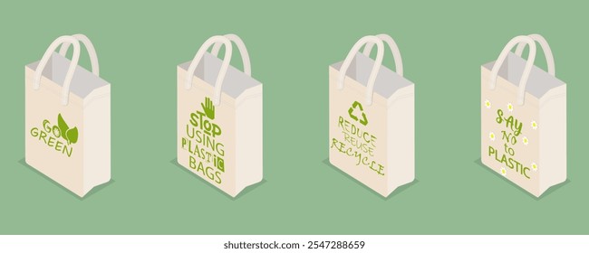 3D Isometric Flat Vector Illustration of Eco-friendly Bags, Sustainable Shopping And Reusable Packaging