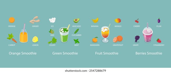 3D Isometric Flat Vector Illustration of Smoothie Recipes, Refreshing Summer Beverages