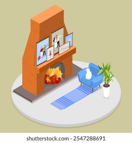 3D Isometric Flat Vector Illustration of Memory Pictures, Cozy and Warm Room Fireside
