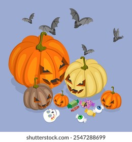 Ilustración vectorial plana isométrica 3D de la temporada de Halloween, calabazas espeluznantes, murciélagos y golosinas festivas