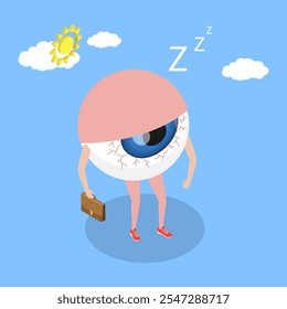 3D Isometric Flat Vector Illustration of Sleep Disorder, Struggling With Fatigue And Insomnia, Red Eyes