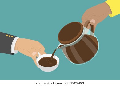 3D Isometric Flat Vector Illustration of Coffee Beverage, Hands Pouring Coffee From To a Cup