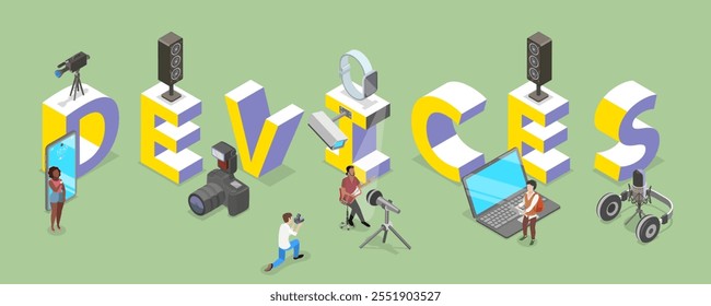3D Isometric Flat Vector Illustration of Devices and Technologies, Text with Various Gadgets and Electronics