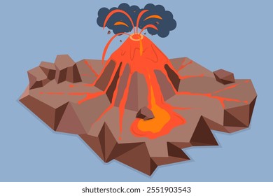 3D Isometrische flache Vektorgrafik von Vulkanausbruch, Freisetzung des Magma-Flusses, Kataklysmische Katastrophe