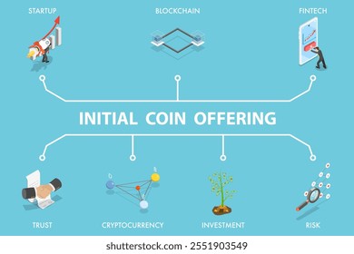 3D Isometric Flat Vector Illustration of Initial Coin Offering, ICO, Digital Technologies