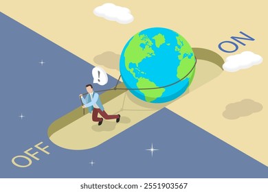 3D Isometric Flat Vector Illustration of Caring for Nature, Global Initiative To Promote Energy Conservation Through Earth Hour