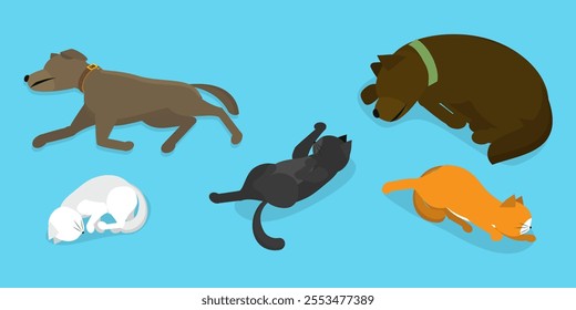 3D Isometric Flat Vector Illustration of Sleeping Pets, Adorable Sleeping Pets Collection Featuring Cats And Dogs