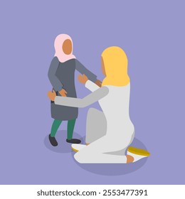 3D Isometric Flat Vector Illustration of Culture And Religion, Loving Muslim Mother And Child In Traditional Attire Embrace With Affection And Encouragement