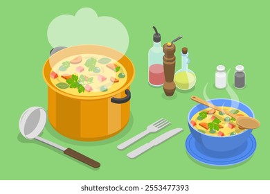 3D Isometric Flat Vector Illustration of Delicious Vegetarian Food , Cooking Soup With Kitchen Tools, Spices, And Serving In A Hot Dish.