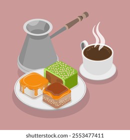 3D Isometric Flat Vector Illustration of Turkish Sweets, Baklava And Coffee Cup