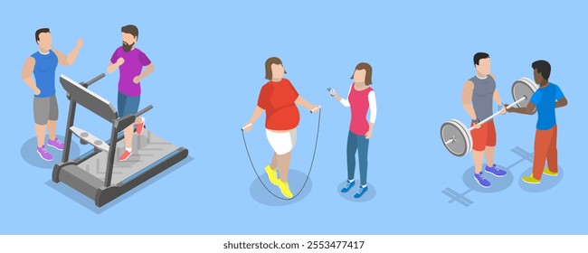 3D Isometric Flat Vector Illustration of Healthy and Active Lifestyle, Get In Shape With A Personal Fitness Coach