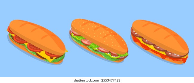 3D Isometric Flat Vector Illustration of baguette Sandwiches, Fast Food, Snacks