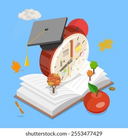 3D Isometric Flat Vector Illustration of Back To School, School-Themed Background Featuring Alarm Clock And Graduation Cap