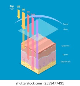 3D Isometric Flat Vector Illustration of Damage UV Radiation to Human Skin, Skincare and Beauty