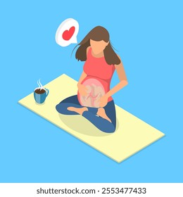 3D Isometric Flat Vector Illustration of Pregnancy And Health, Expectant Mother Practicing Lotus Pose