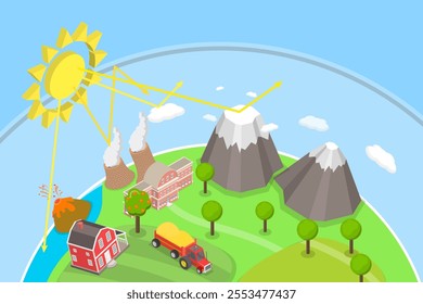 3D Isometric Flat Vector Illustration of Generating Greenhouse Gases, Climate Change