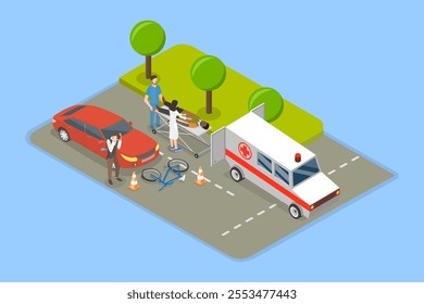 3D Isometric Flat Vector Illustration of Cyclist Accident , Bike Crash