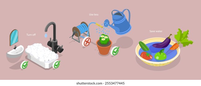 3D Isometric Flat Vector Illustration of Water Saving, Water Conservation And Saving Drinkable Resources