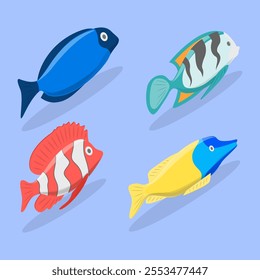 3D Isometric Flat Vector Illustration of Tropical Fish Collection, Aquarium Underwater Creatures