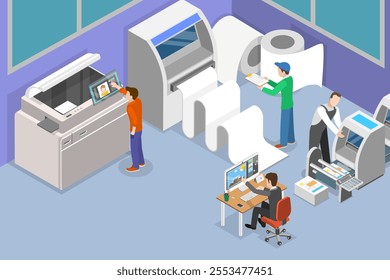 3D Isometric Flat Vector Illustration of Printing House, Employees In A Printing Office Are Busy With Their Tasks